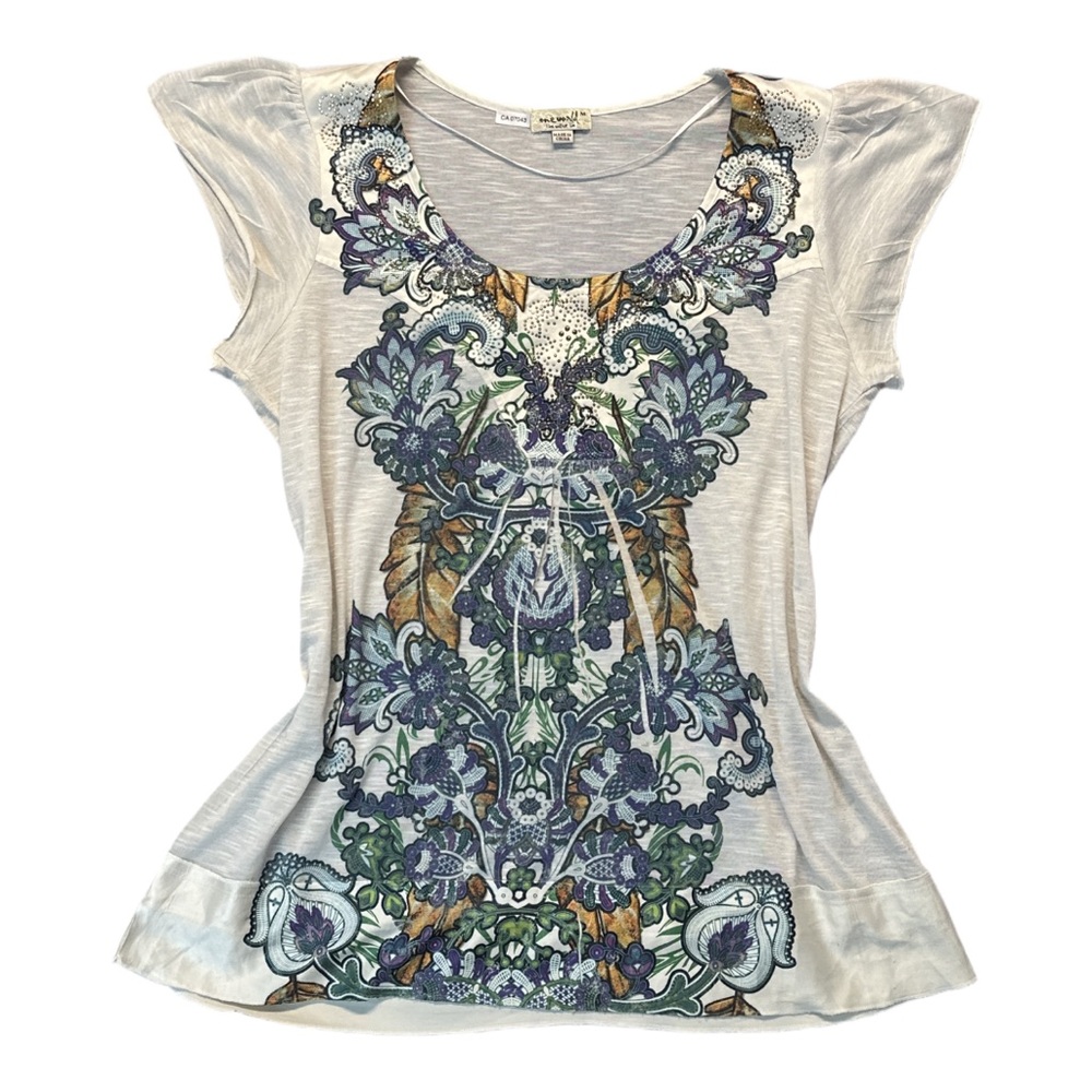 Y2K ONE WORLD women's floral boho short sleeve flowy tunic top, medium.